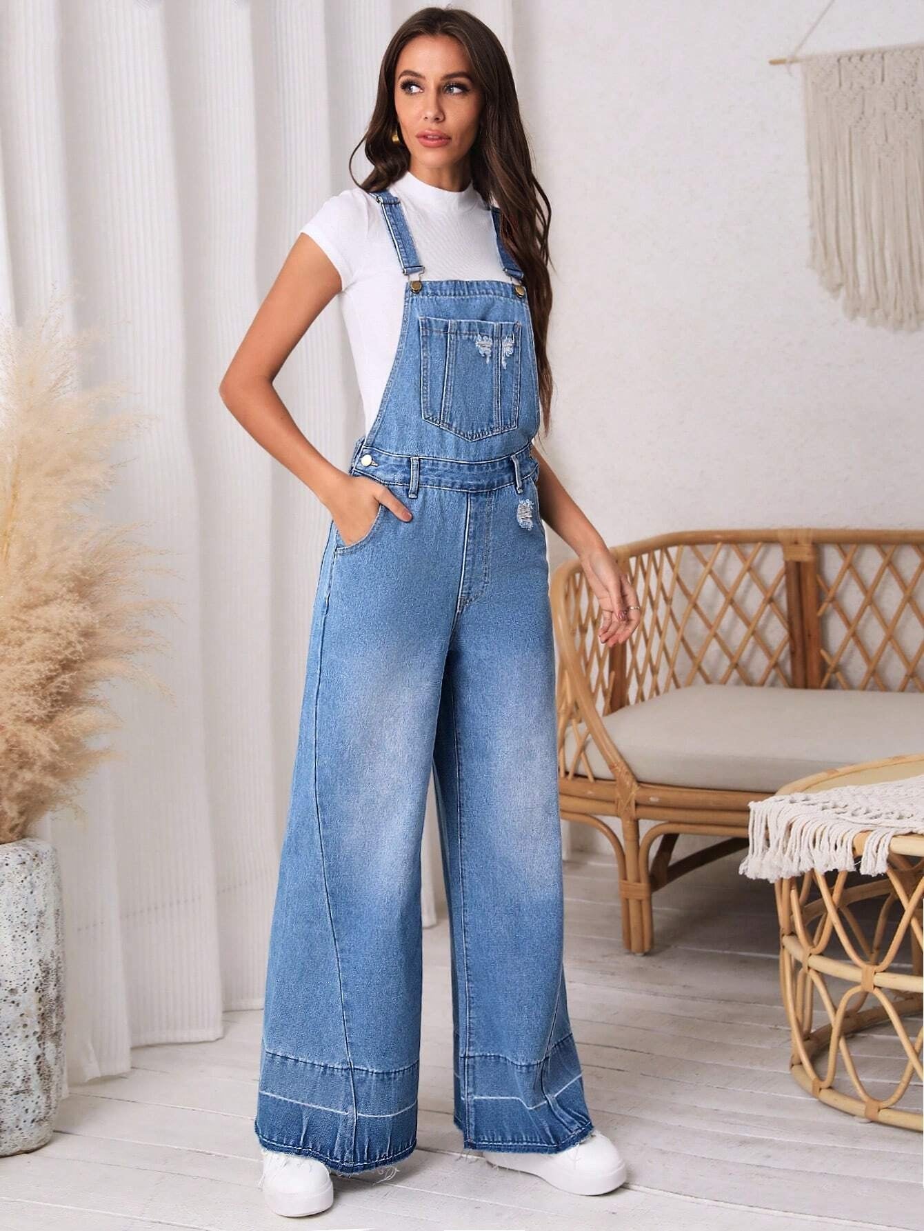 CM-JS769997 Women Preppy Seoul Style Medium Wash Ripped Wide Leg Denim Overalls