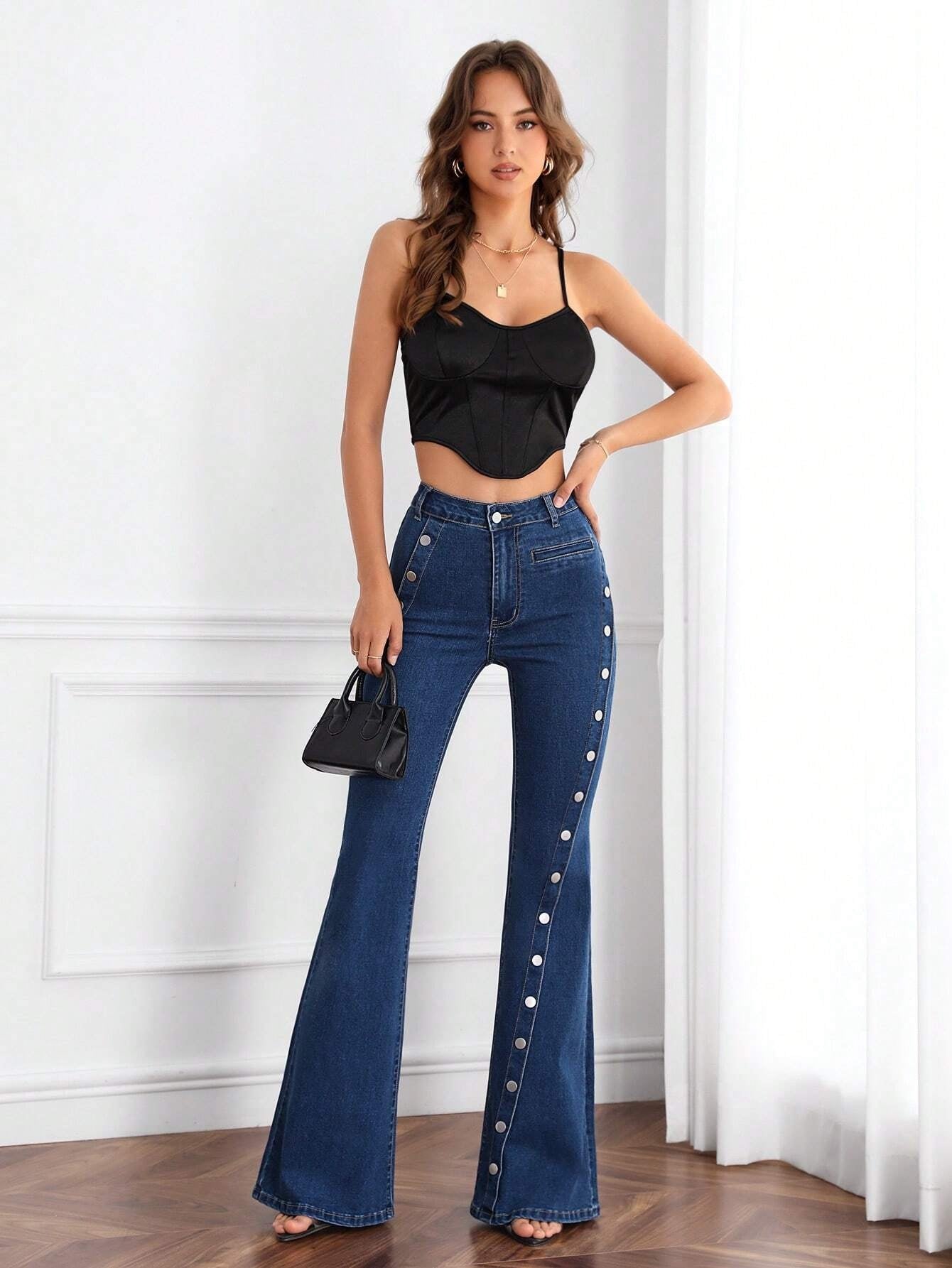 CM-BS938932 Women Casual Seoul Style Dark Wash Button Detail Flare Leg Jeans