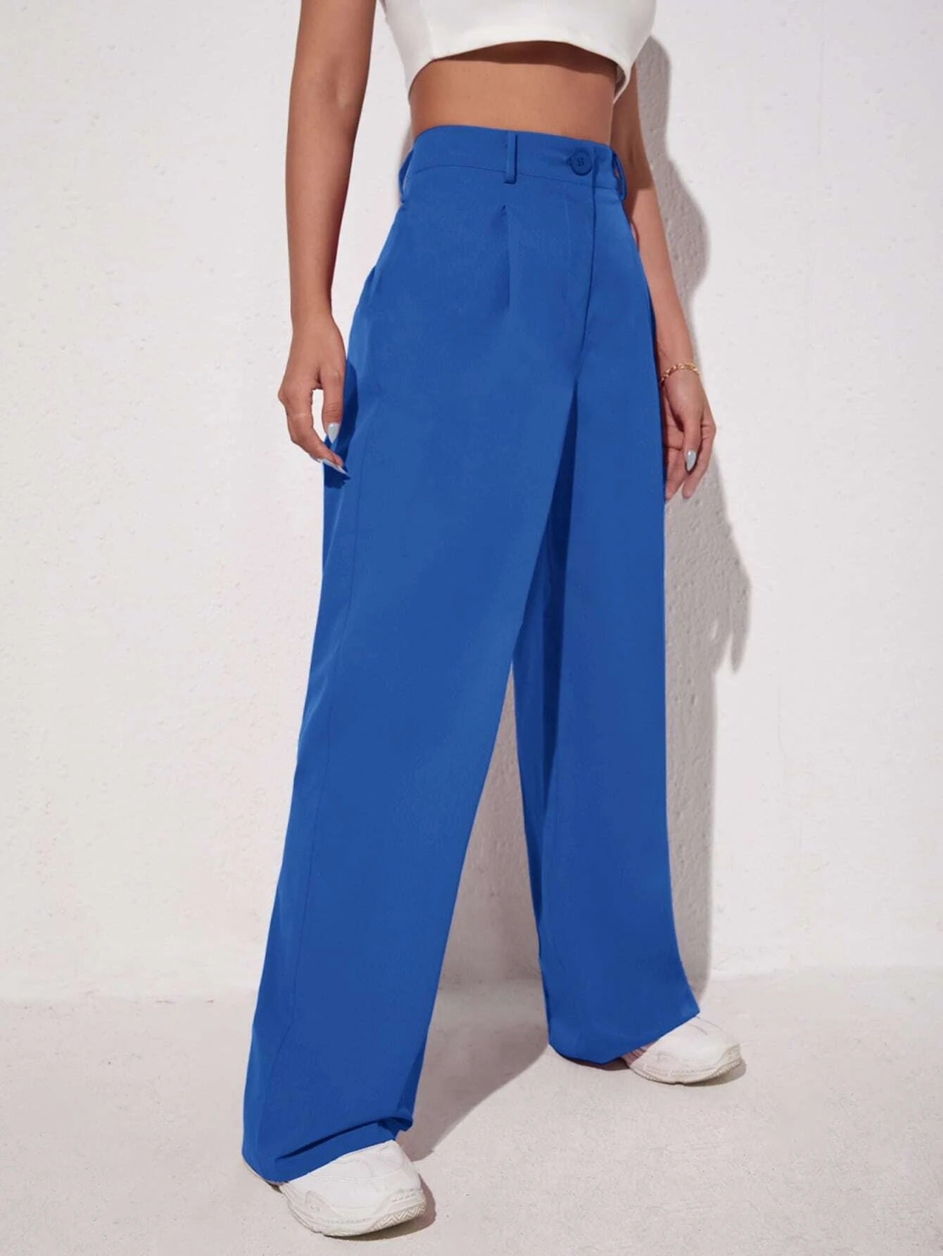 CM-BS130101 Women Elegant Seoul Style Solid Slant Pocket Wide Leg Pants - Blue