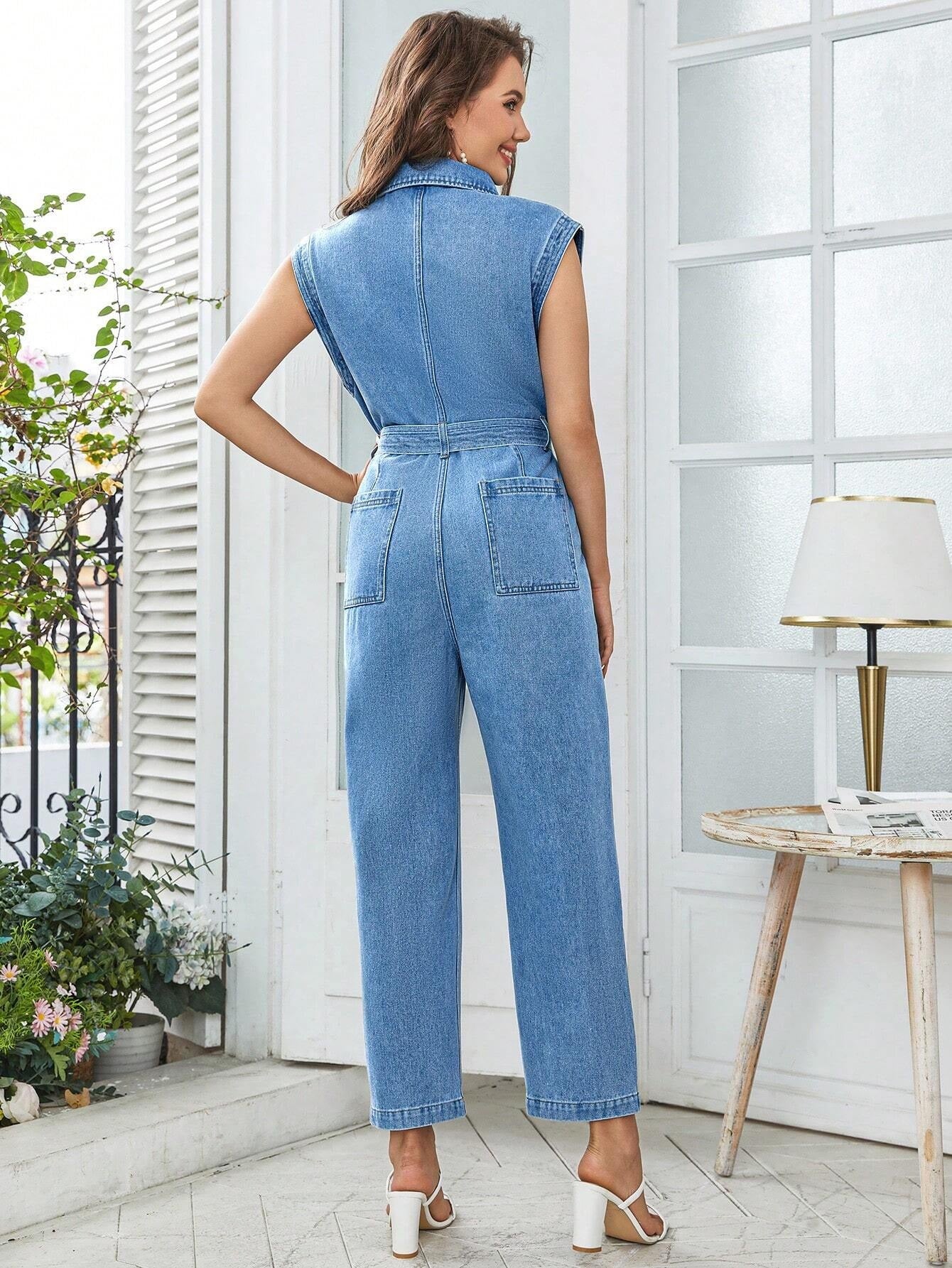 CM-JS900820 Women Preppy Seoul Style Sleeveless Flap Pocket Belted Denim Jumpsuit