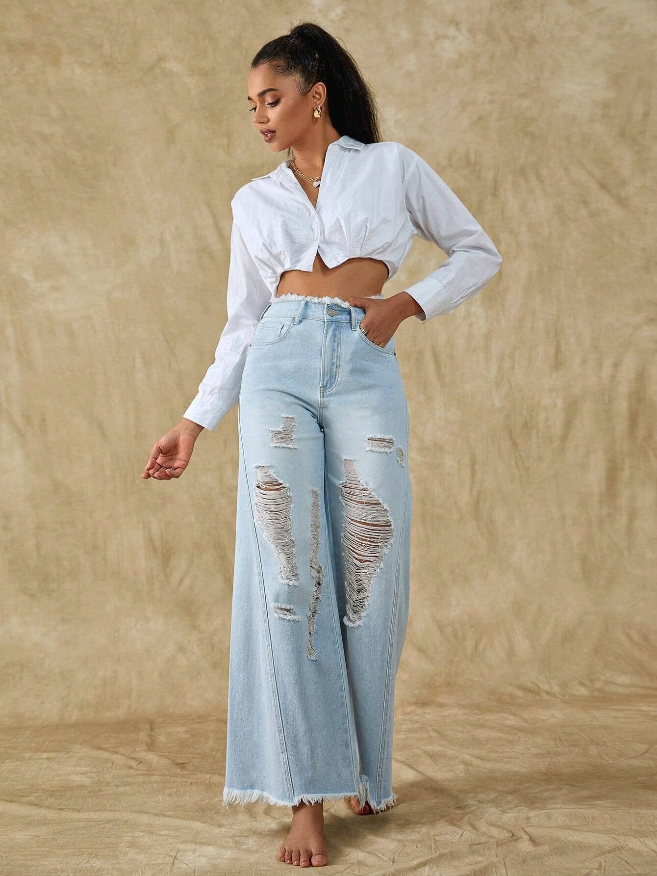 CM-BS716173 Women Casual Seoul Style Light Wash Ripped Raw Hem Wide Leg Jeans