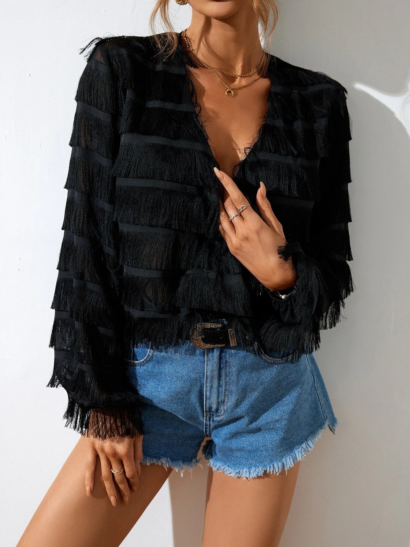 CM-TS384825 Women Elegant Seoul Style Fringe Trim Button Front Crop Blouse - Black