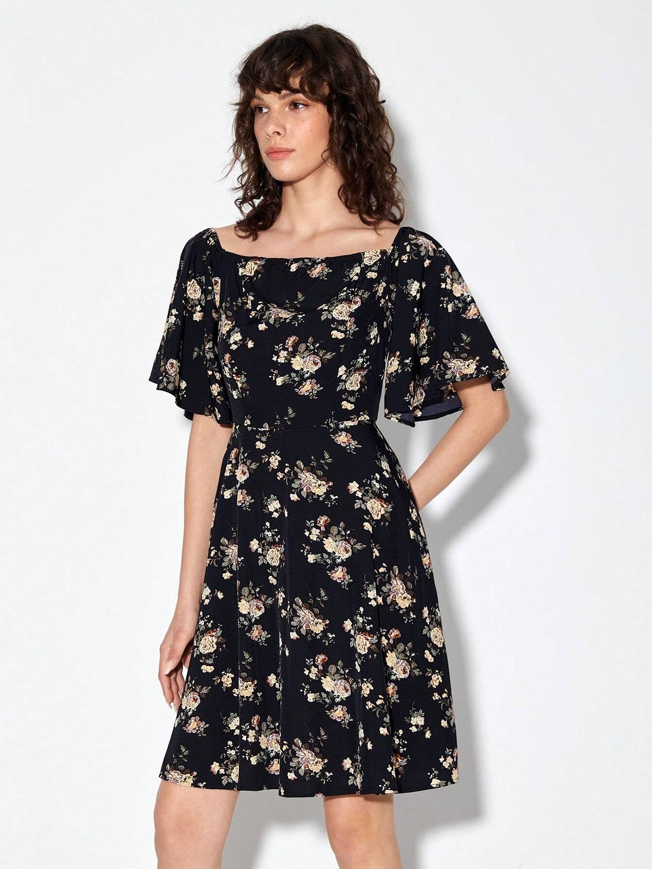 CM-DS208284 Women Casual Seoul Style Floral Print Square Neck Butterfly Sleeve Dress