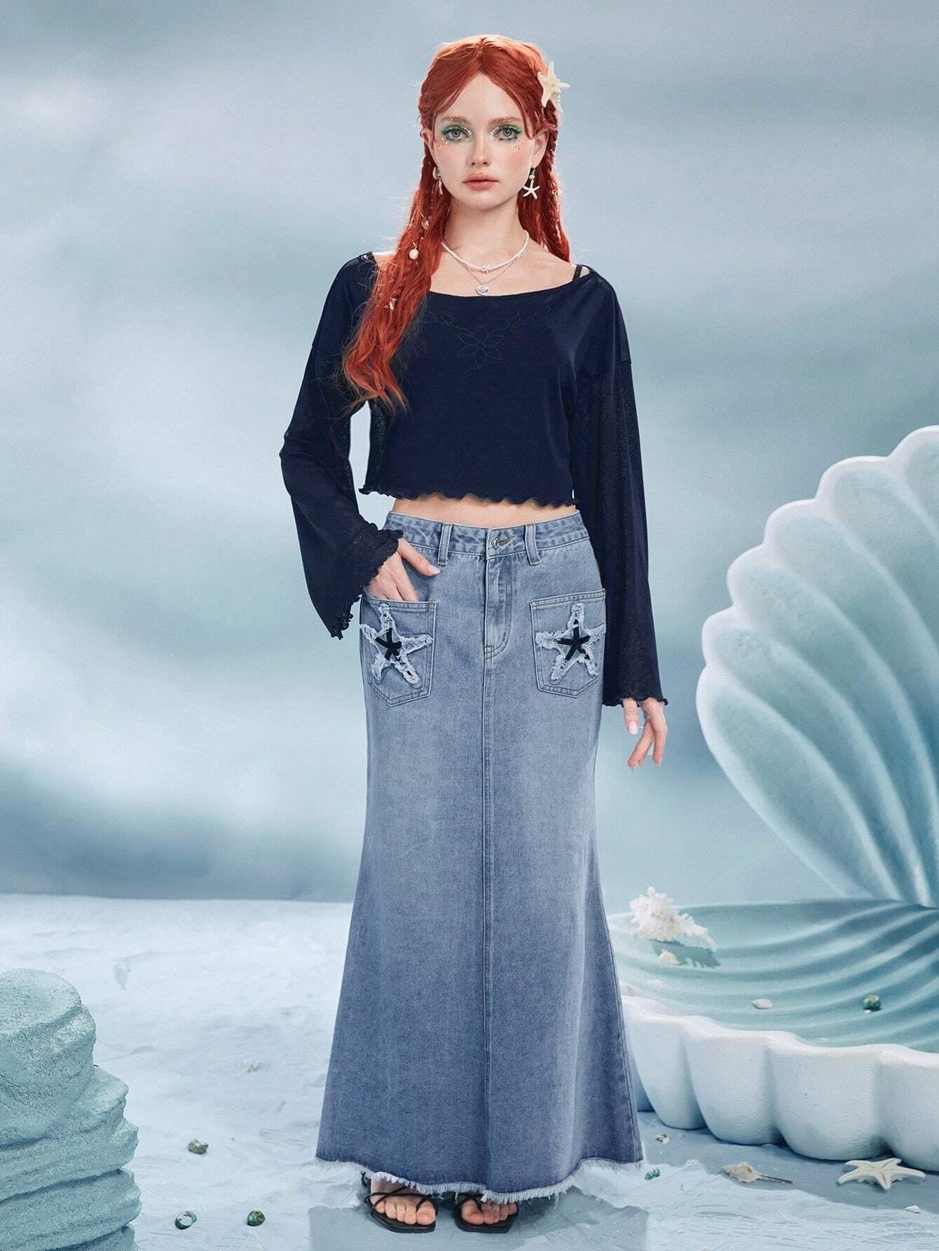 CM-BS422566 Women Casual Seoul Style Light Wash Star Print Raw Hem Denim Skirt