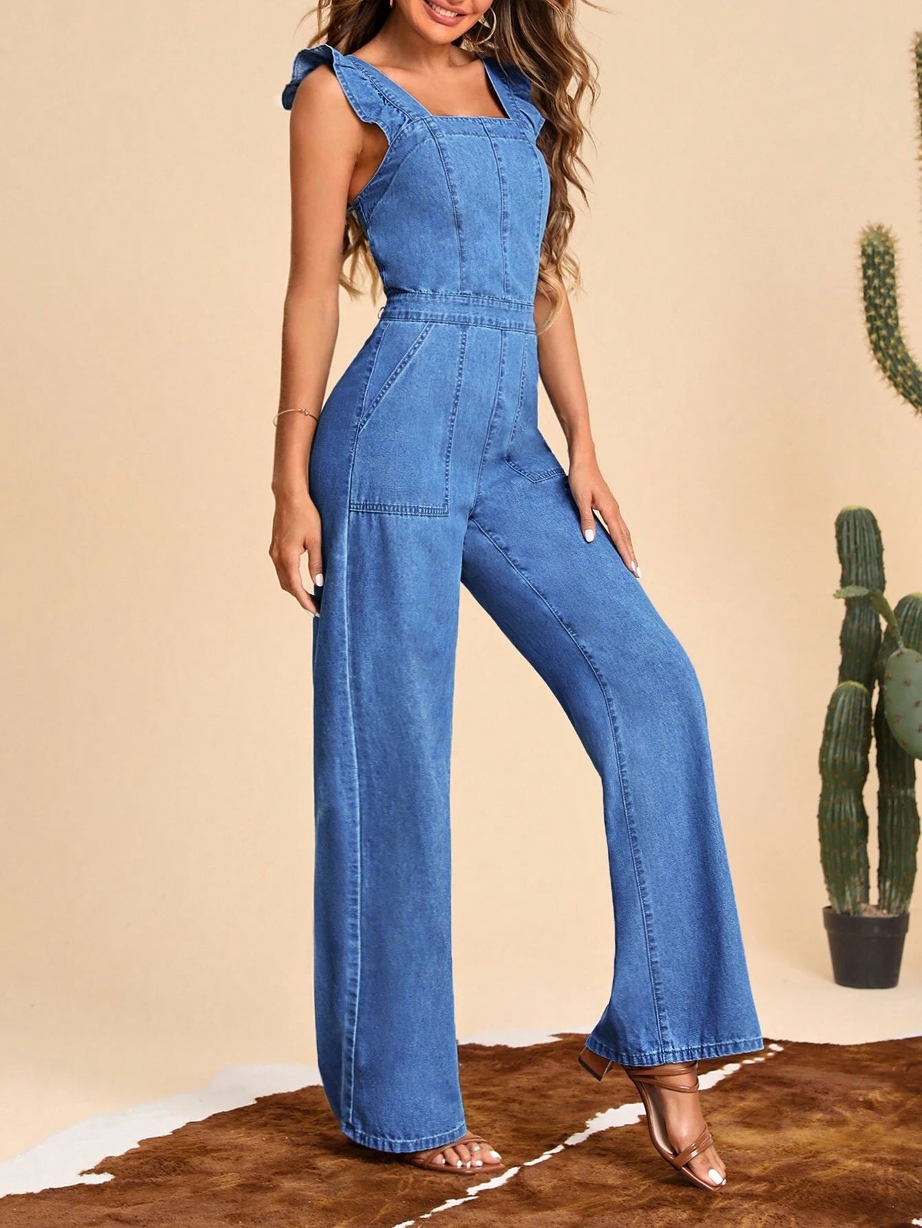 CM-JS286070 Women Preppy Seoul Style Medium Wash Ruffle Trim Wide Leg Denim Jumpsuit