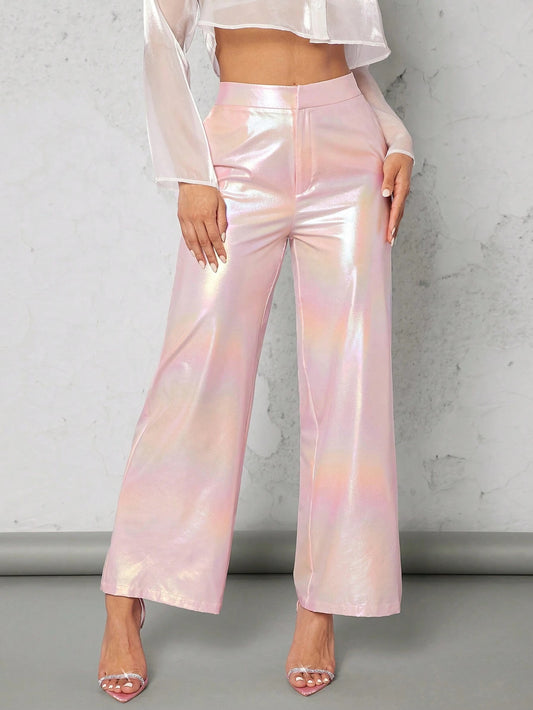 CM-BS515575 Women Elegant Seoul Style High Waist Holographic Straight Leg Pants