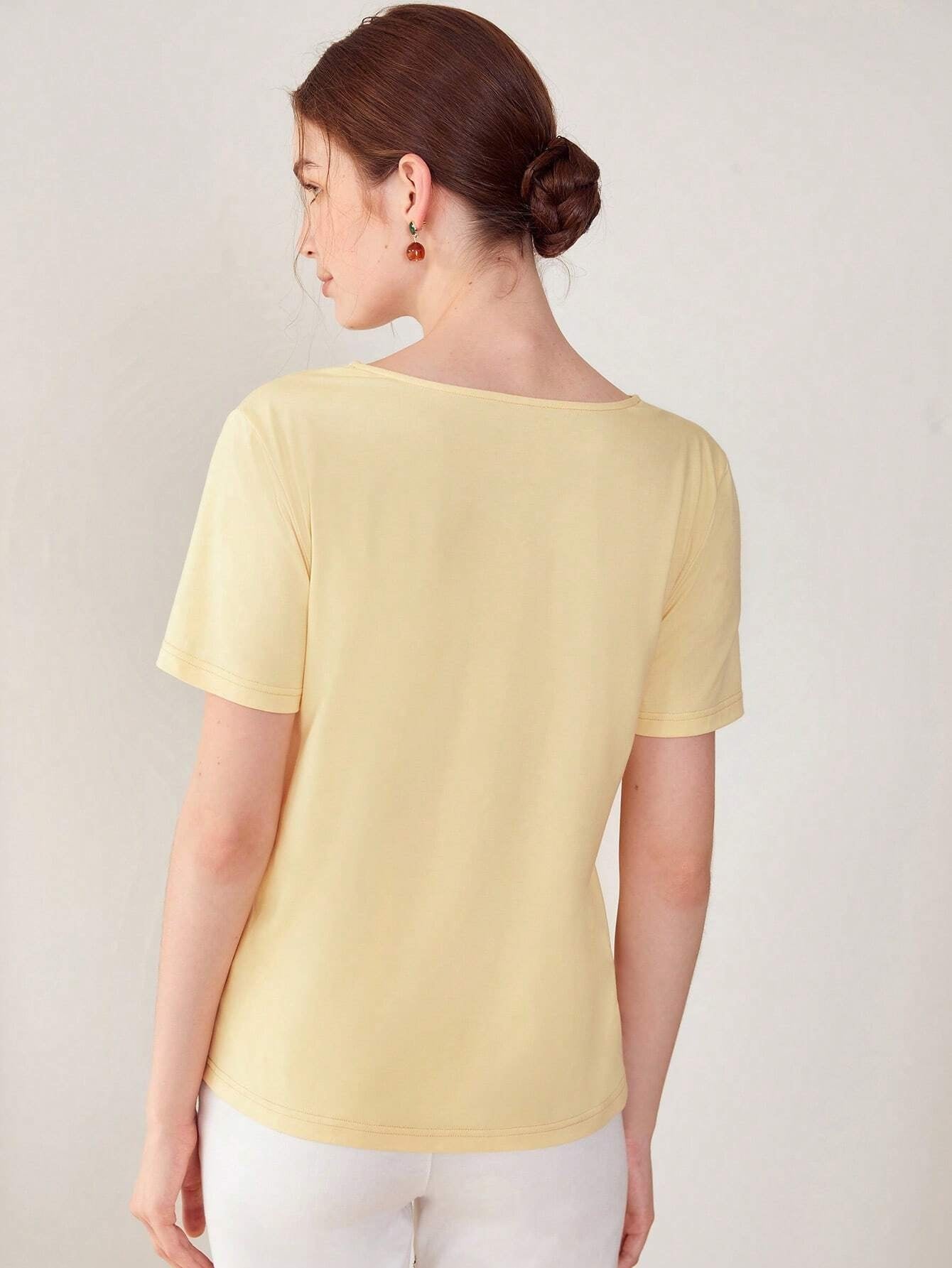 CM-TS685628 Women Casual Seoul Style Lace V-Neck Short Sleeve T-Shirt - Yellow