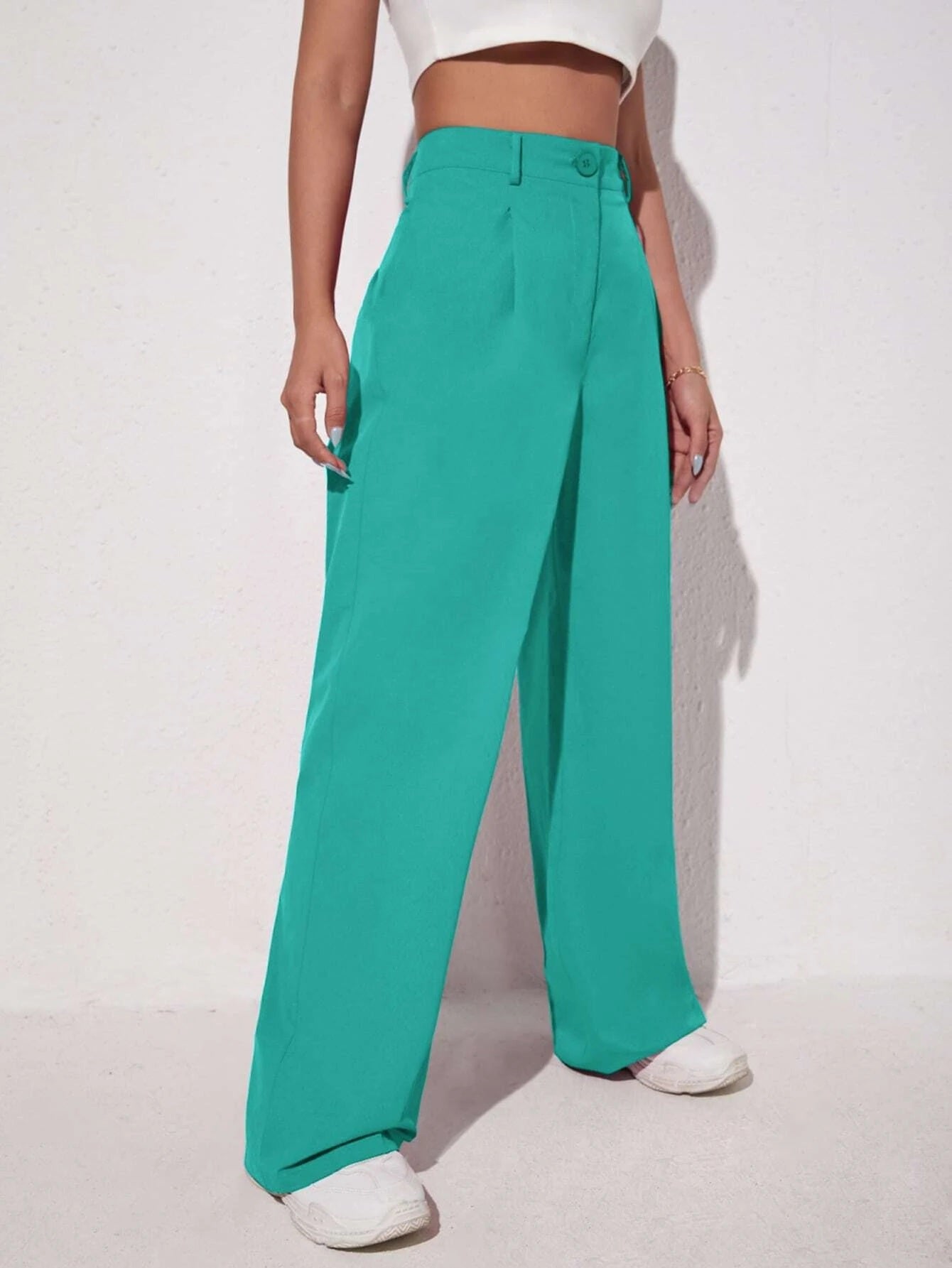CM-BS437830 Women Elegant Seoul Style Solid Slant Pocket Wide Leg Pants - Mint Blue