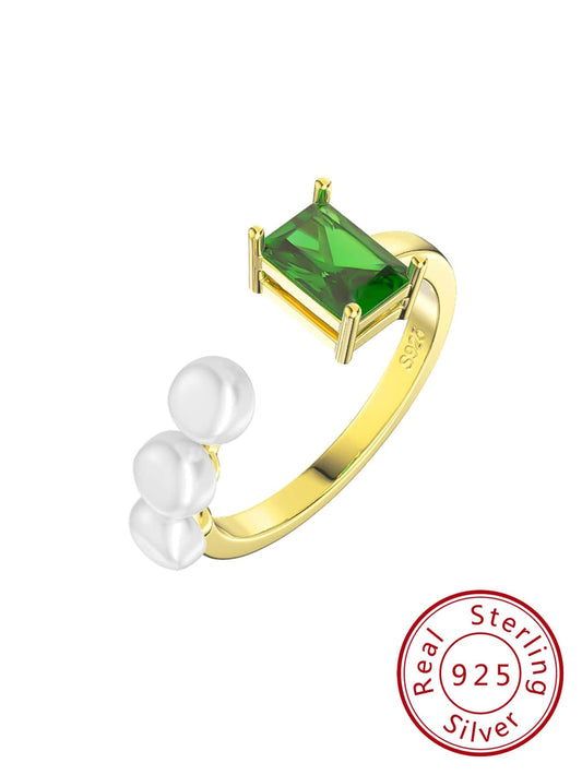 CM-AR853744 925 Sterling Silver Cultured Freshwater Pearls Green Cubic Zirconia Adjustable Ring