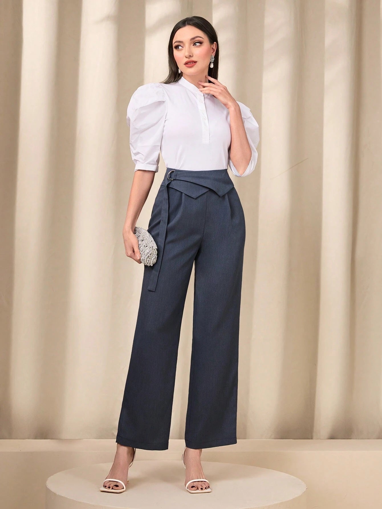 CM-BS884465 Women Casual Seoul Style Solid Flipped Waisted Straight Leg Pants - Dark Gray