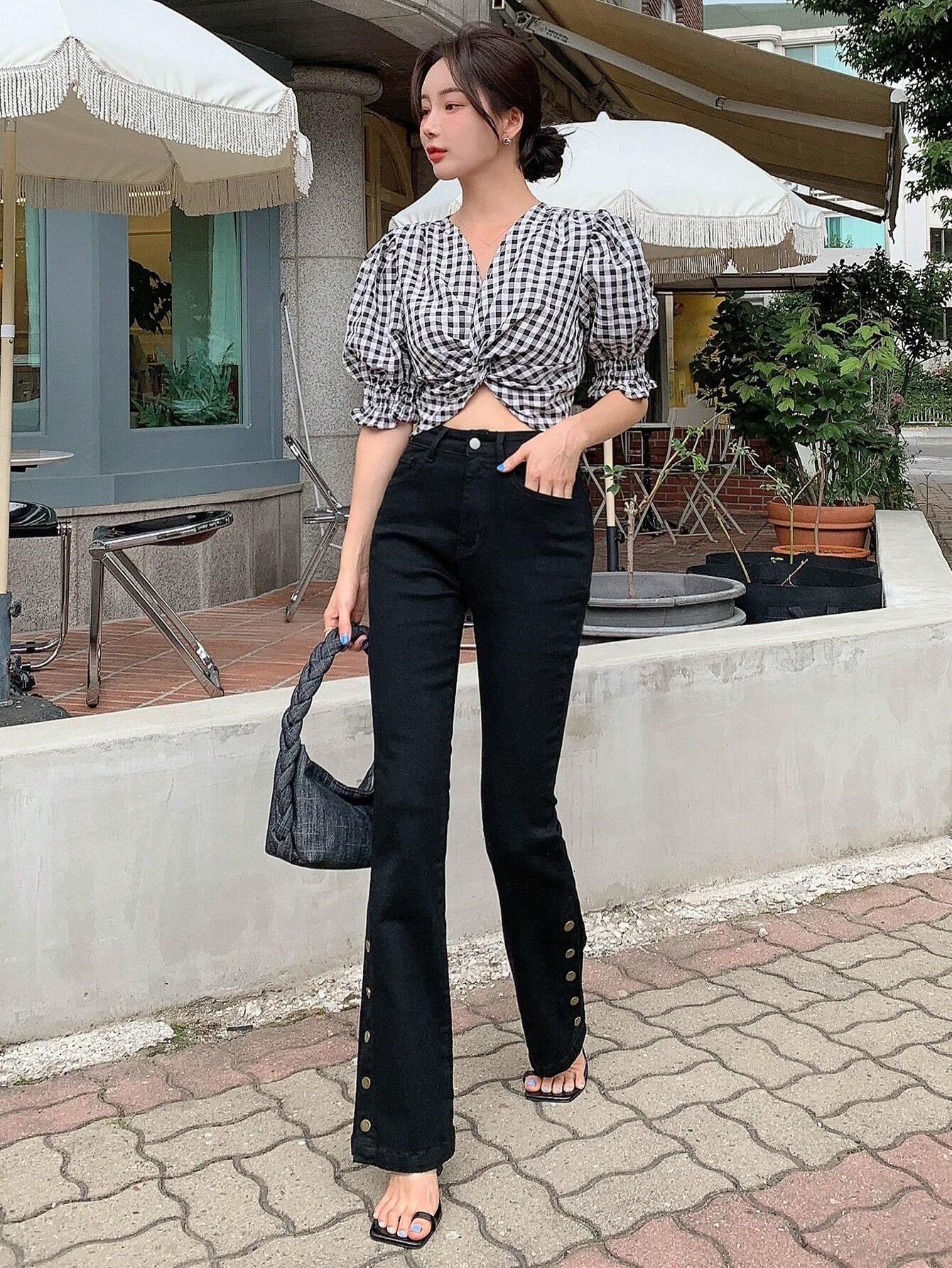 CM-BS904004 Women Casual Seoul Style Solid Button Detail Flare Leg Jeans - Black