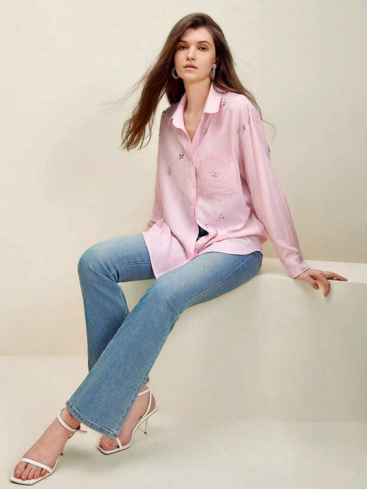 CM-TS839563 Women Casual Seoul Style Oversized Striped Diamond Decoration Shirt - Pink