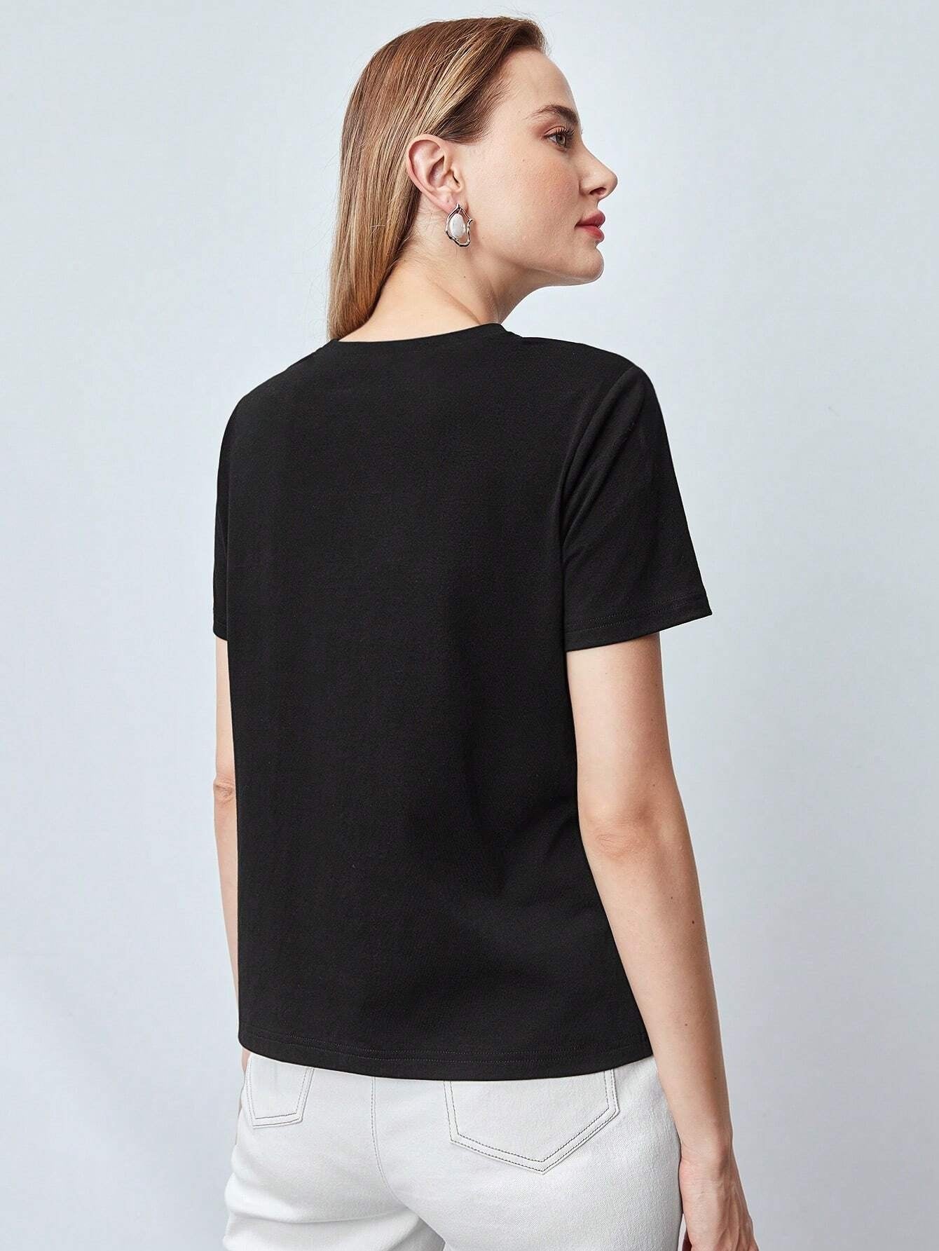 CM-TS118885 Women Casual Seoul Style Round Neck Pearl Cut-Out Top - Black