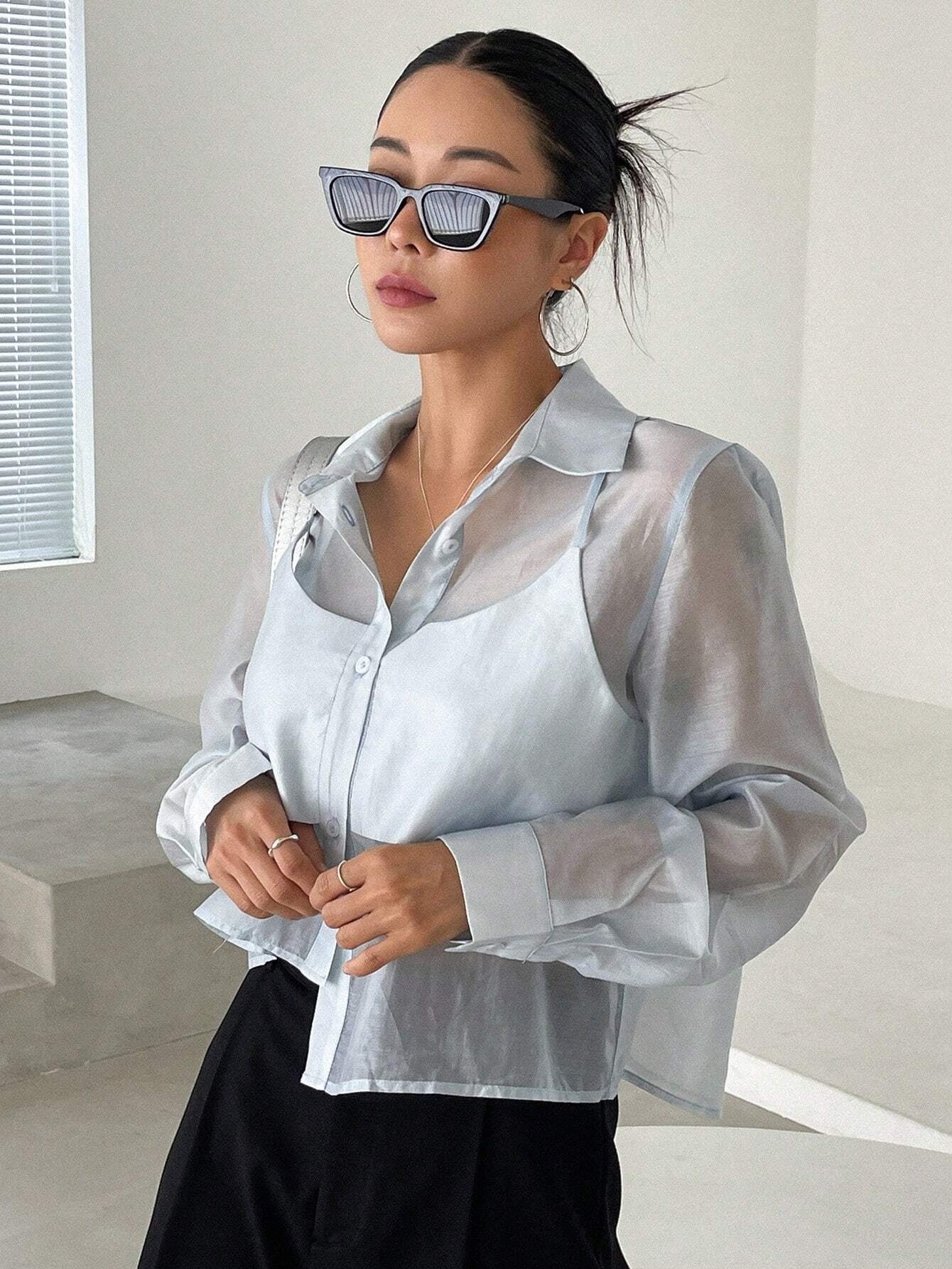 CM-TS399777 Women Casual Seoul Style Solid Button Front 2 In 1 Shirt - Baby Blue