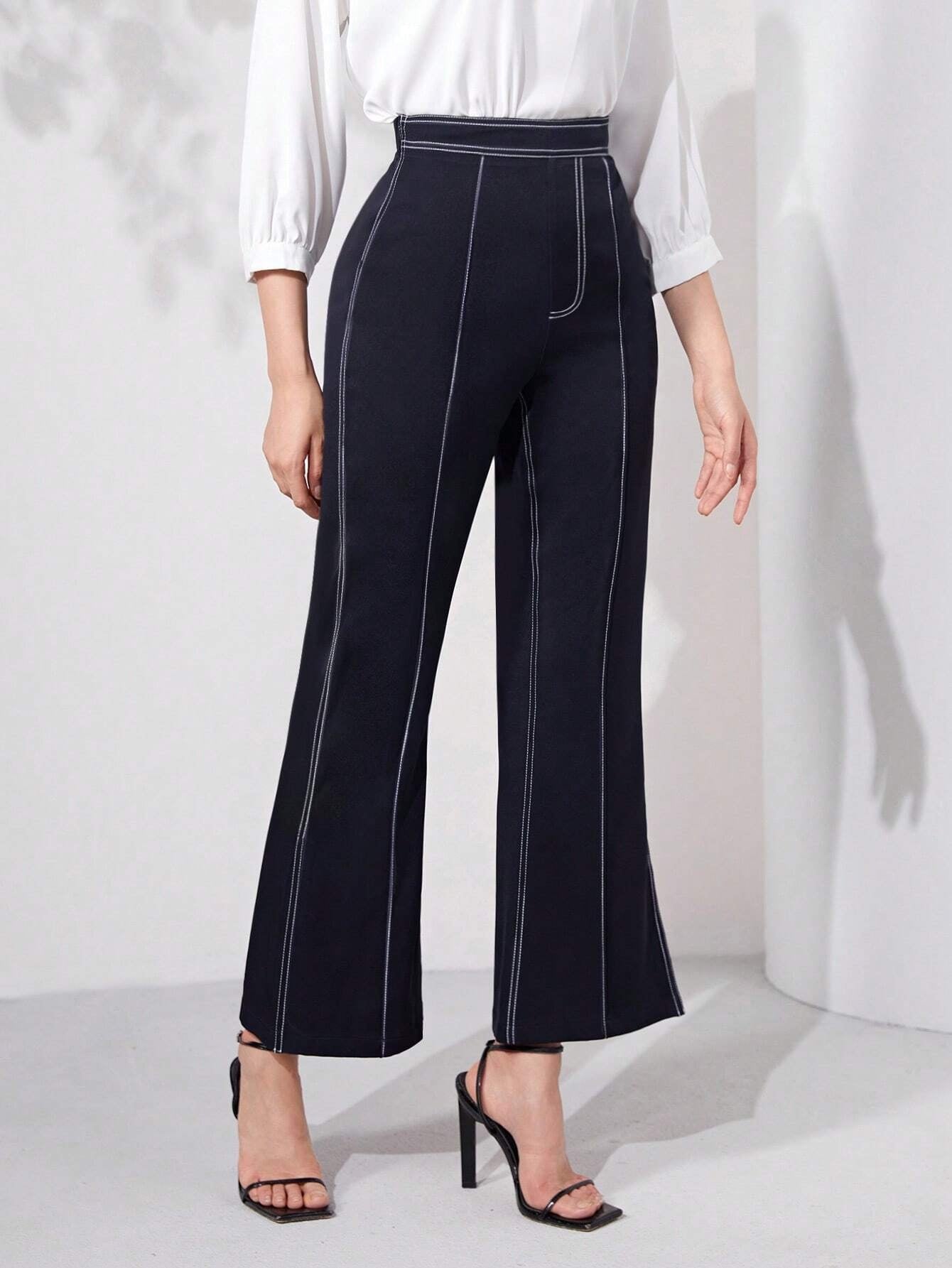 CM-BS990949 Women Elegant Seoul Style Contrast Stitch Flare Leg Pants - Navy Blue