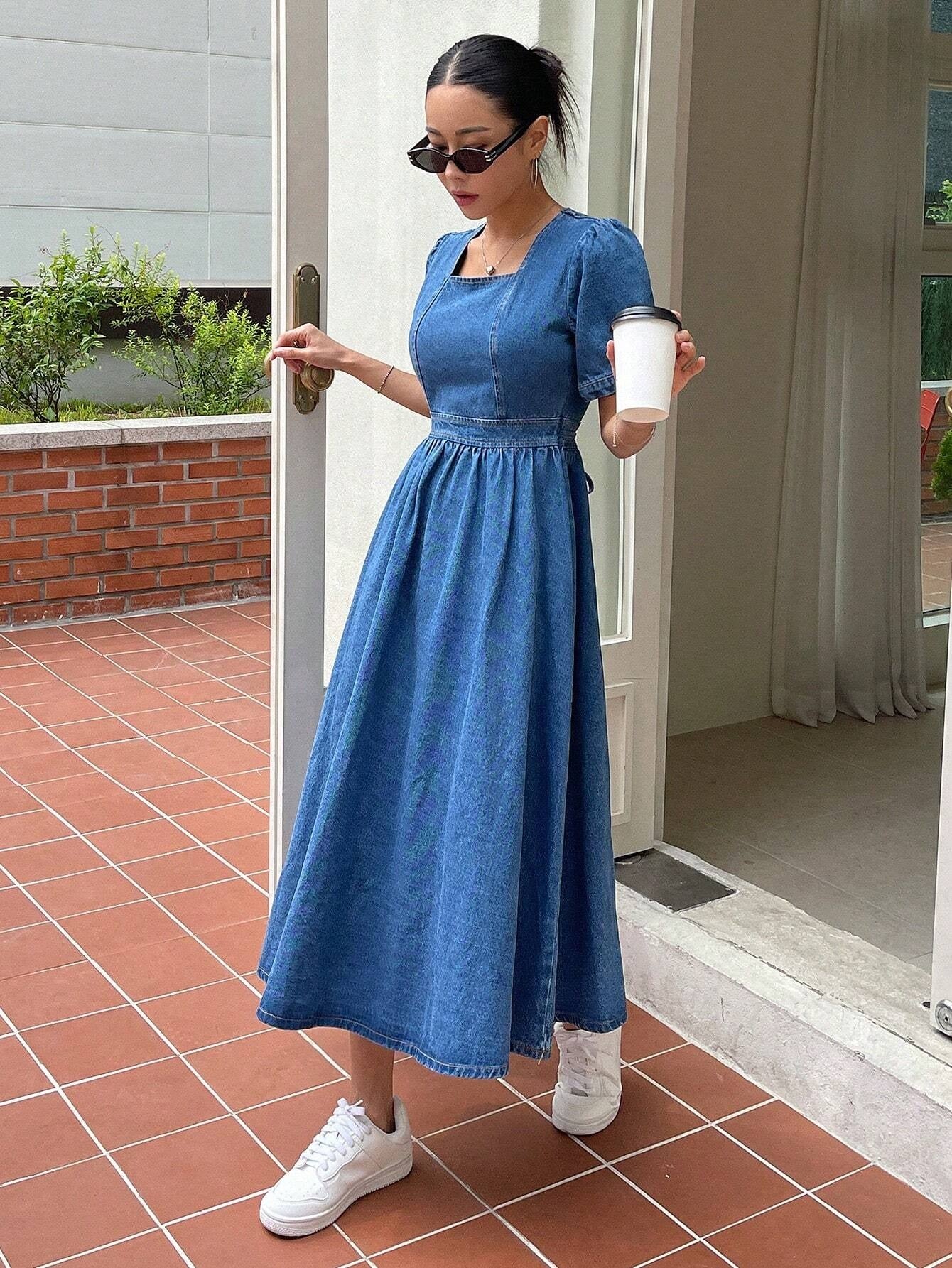 CM-DS832025 Women Casual Seoul Style Medium Wash Square Neck Puff Sleeve A-Line Denim Dress