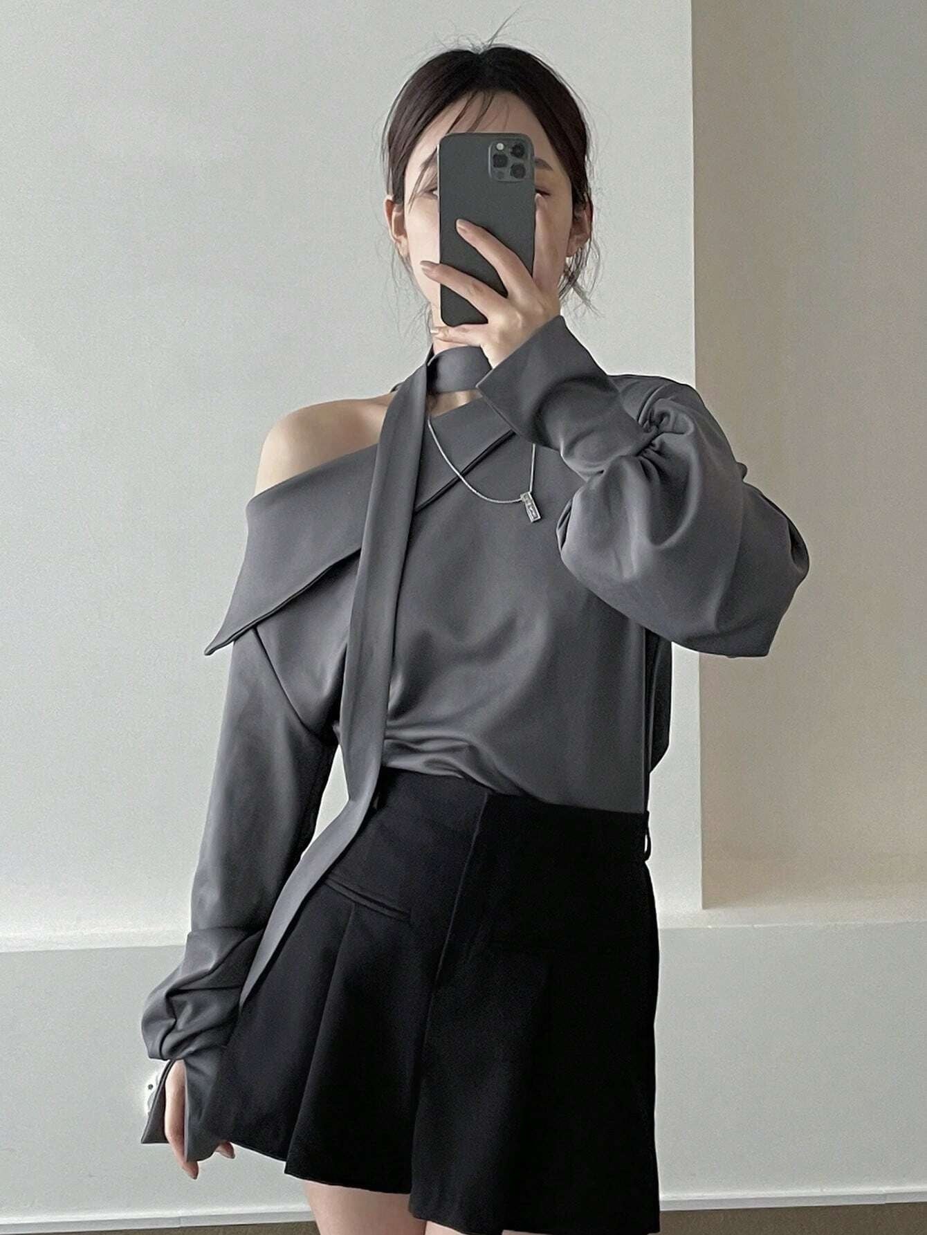CM-TS926000 Women Casual Seoul Style Solid Asymmetrical Neck Drop Shoulder Blouse With Tie