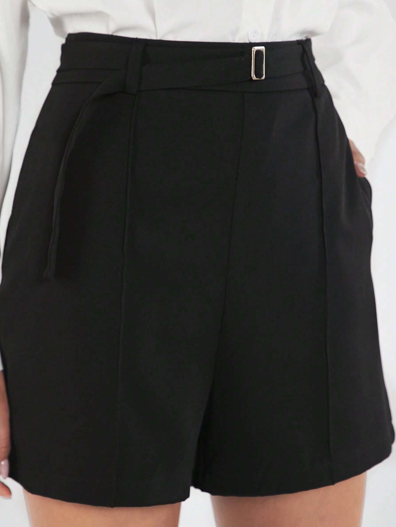 CM-BS601416 Women Casual Seoul Style High Waist Solid Belted Wide Leg Shorts - Black