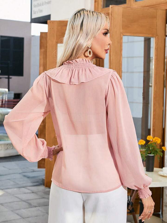CM-TS380251 Women Elegant Seoul Style V-Neck Long Sleeve Ruffle Hem Shirt - Dusty Pink