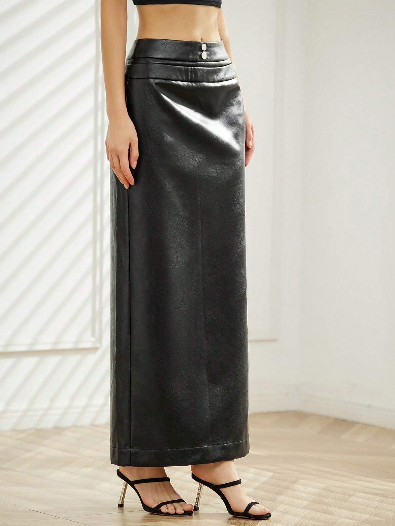 CM-BS351464 Women Casual Seoul Style PU Leather Straight Skirt - Black
