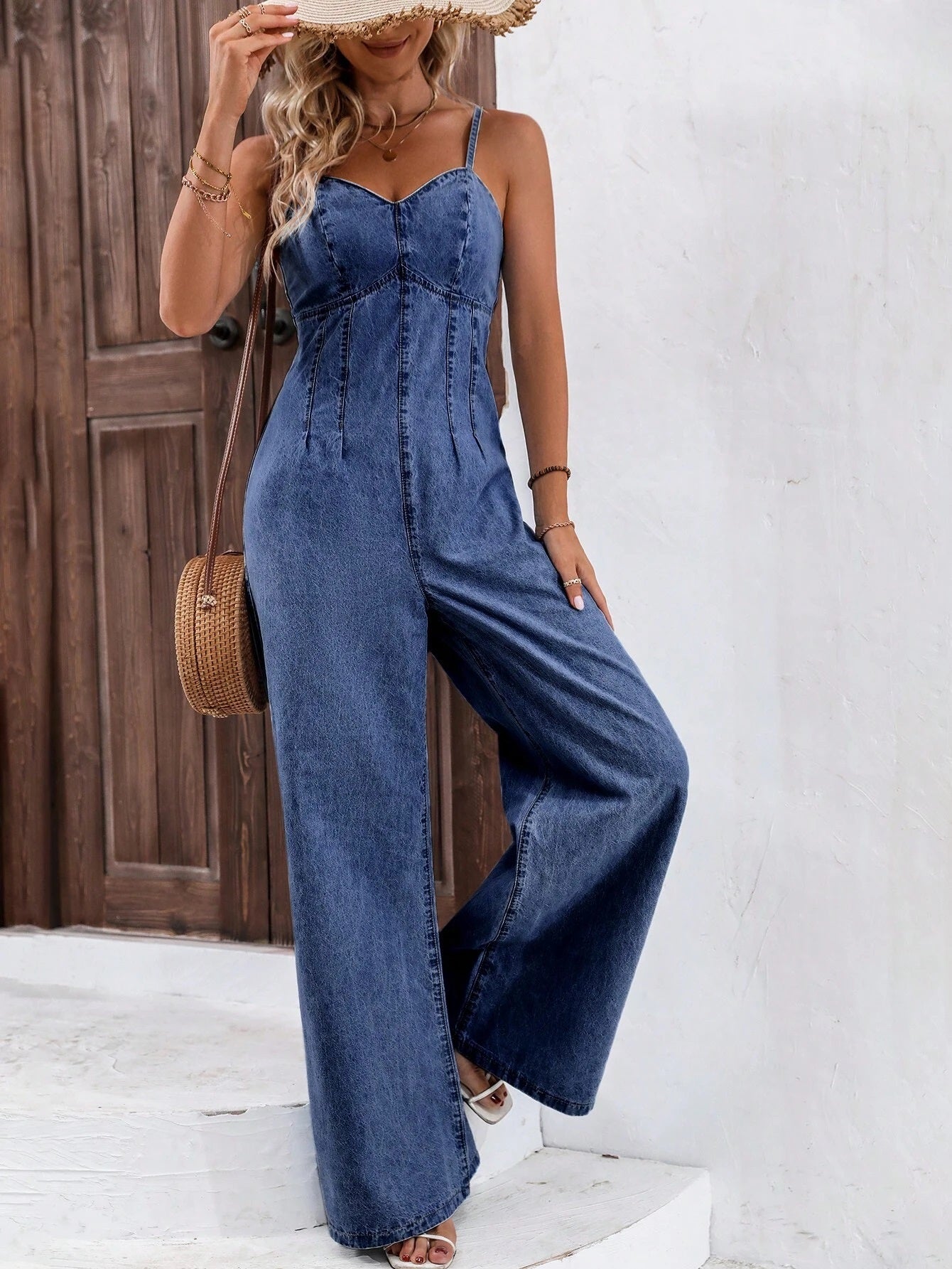 CM-JS000110 Women Preppy Seoul Style Dark Wash Zip Back Wide Leg Denim Cami Jumpsuit