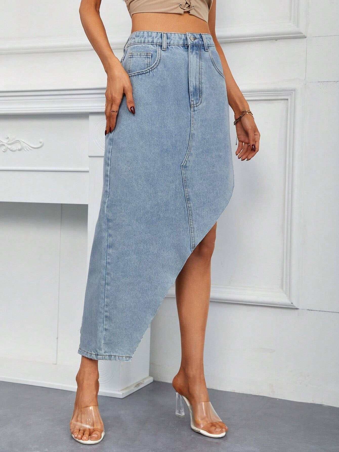 CM-BS985358 Women Casual Seoul Style Light Wash Asymmetrical Hem Denim Skirt