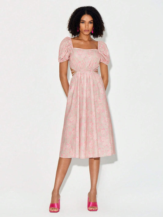CM-DS217040 Women Casual Seoul Style Floral Print Cut Out Waist Puff Sleeve Tie Backless Dress