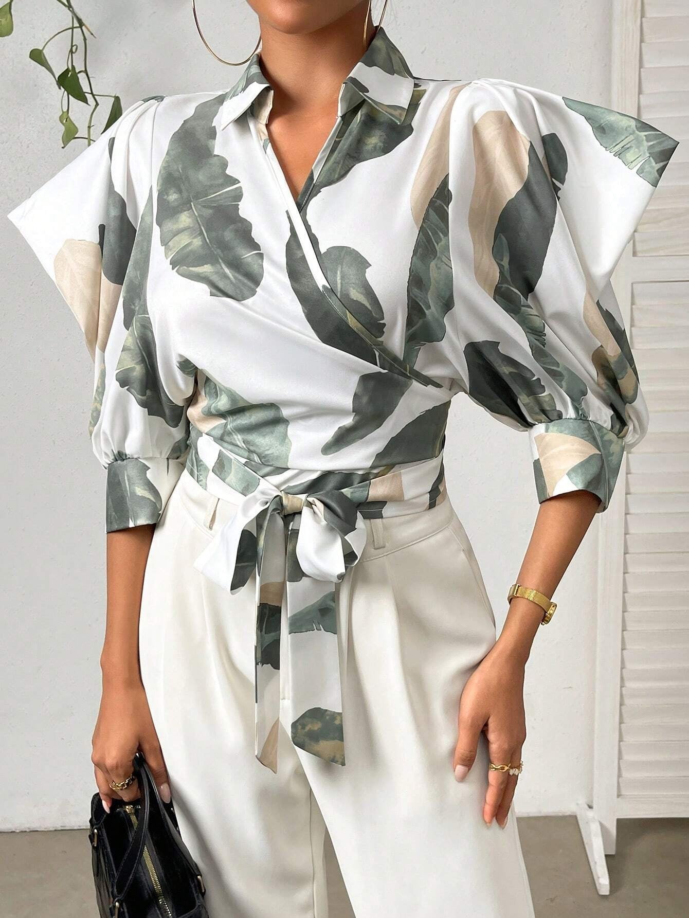 CM-TS885505 Women Casual Seoul Style Tropical Print Knot Side Wrap Detail Blouse - White