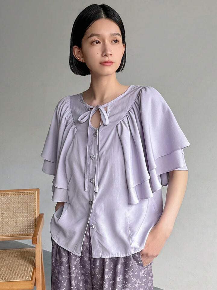 CM-TS227077 Women Casual Seoul Syle Tie Knot Neckline Ruffle Sleeve Button Down Shirt - Purple