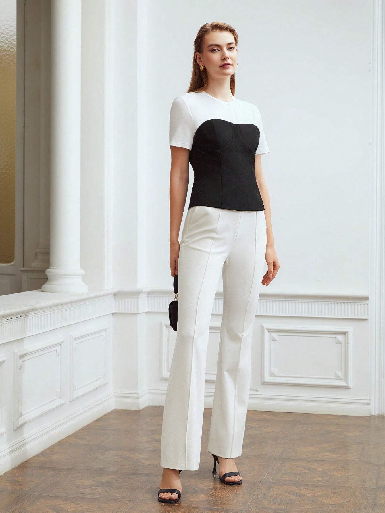 CM-TS320264 Women Casual Seoul Style Round Neck Short Sleeve Two Tone Spliced T-Shirt