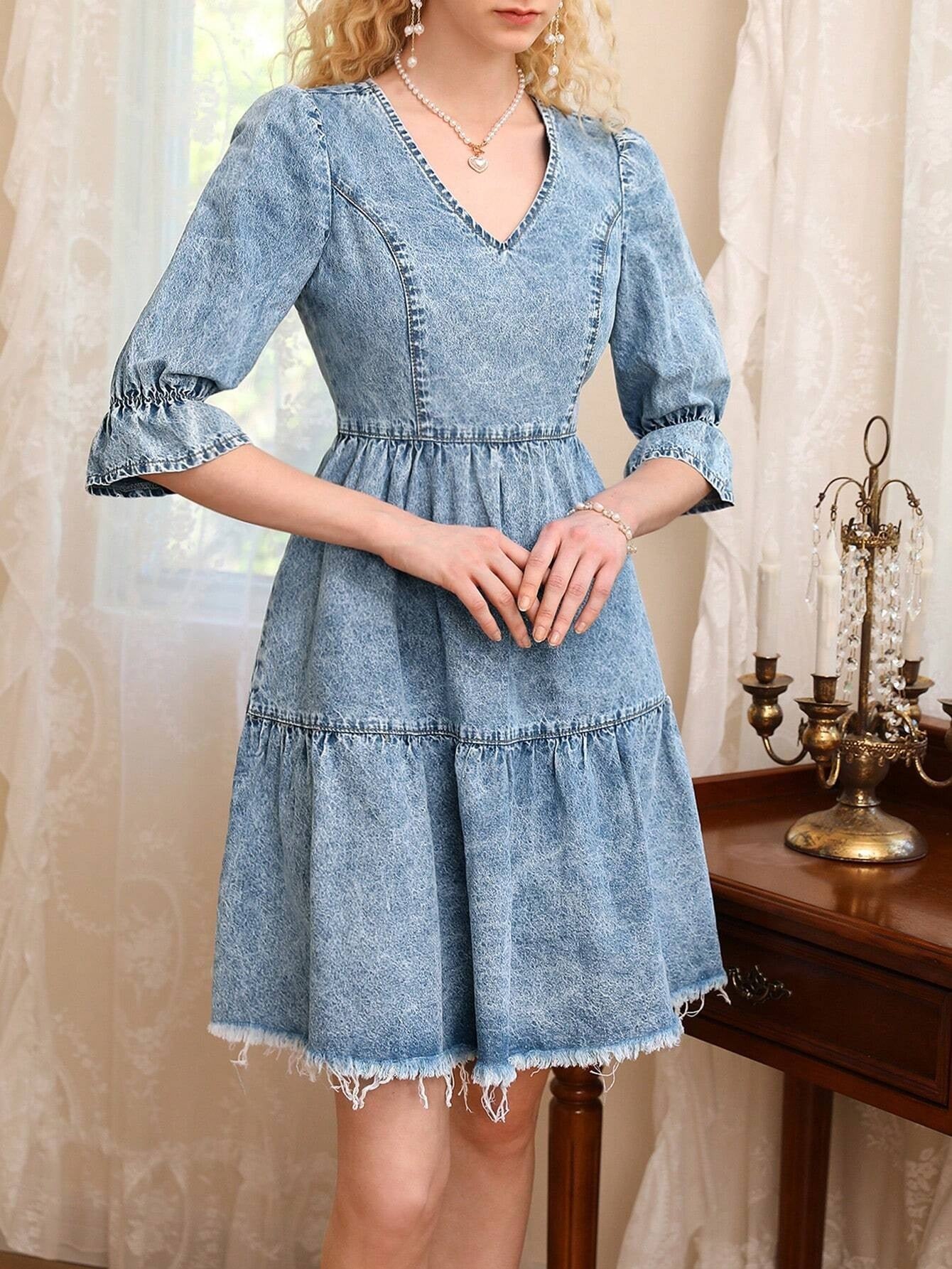 CM-DS670748 Women Preppy Seoul Style Medium Wash Flare Sleeve Raw Hem Denim Dress