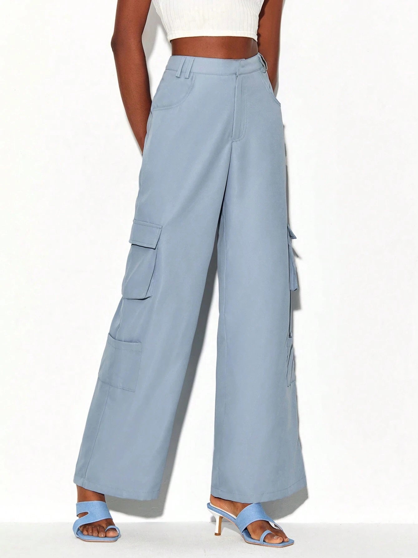 CM-BS475371 Women Elegant Seoul Style Flap Pocket Side Cargo Pants - Baby Blue