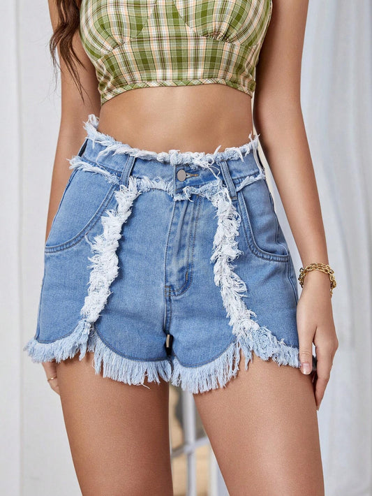 CM-BS522020 Women Preppy Seoul Style Light Wash High Waist Raw Trim Denim Shorts