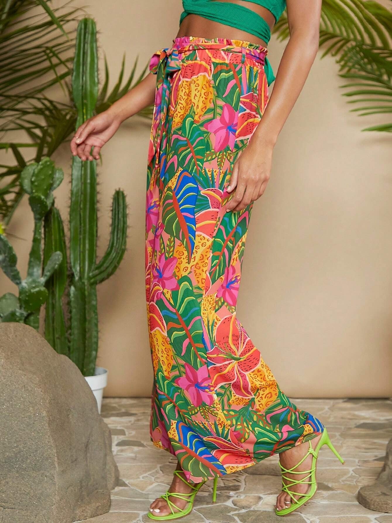 CM-BS632636 Women Trendy Bohemian Style Tropical Print Belted Wide Leg Pants