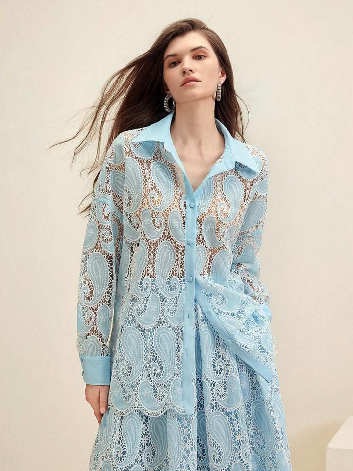 CM-TS864141 Women Elegant Seoul Style Oversized Hollow Out Paisley Embroidery Shirt - Baby Blue