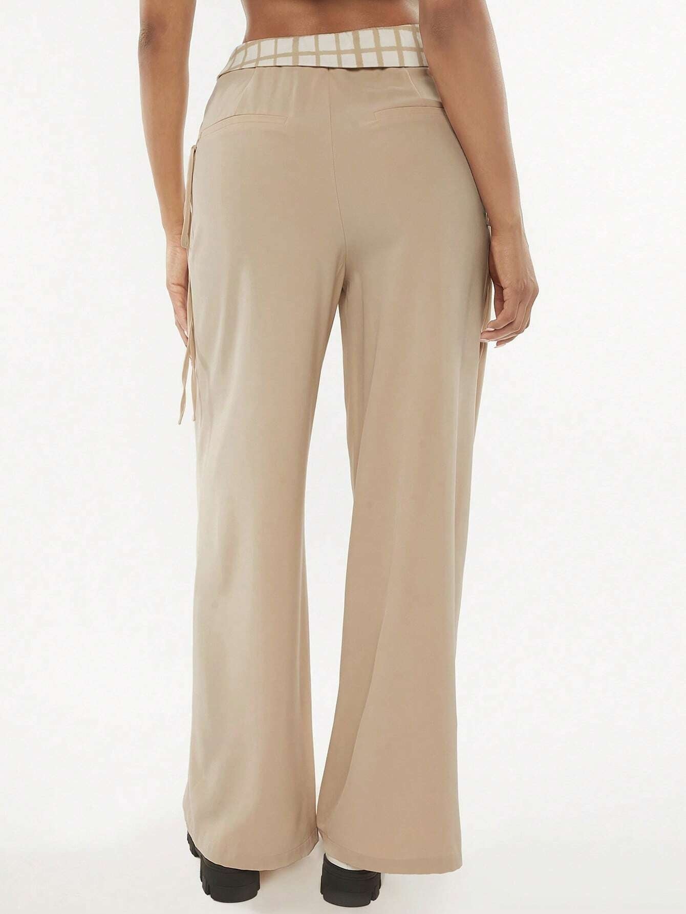 CM-BS972733 Women Casual Seoul Style Plaid Print Fold Pleated Detail Wide Leg Pants