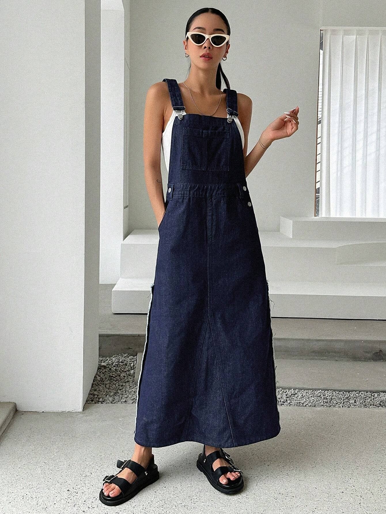 CM-DS985371 Women Preppy Seoul Style Slant Pocket Overall Denim Dress - Blue