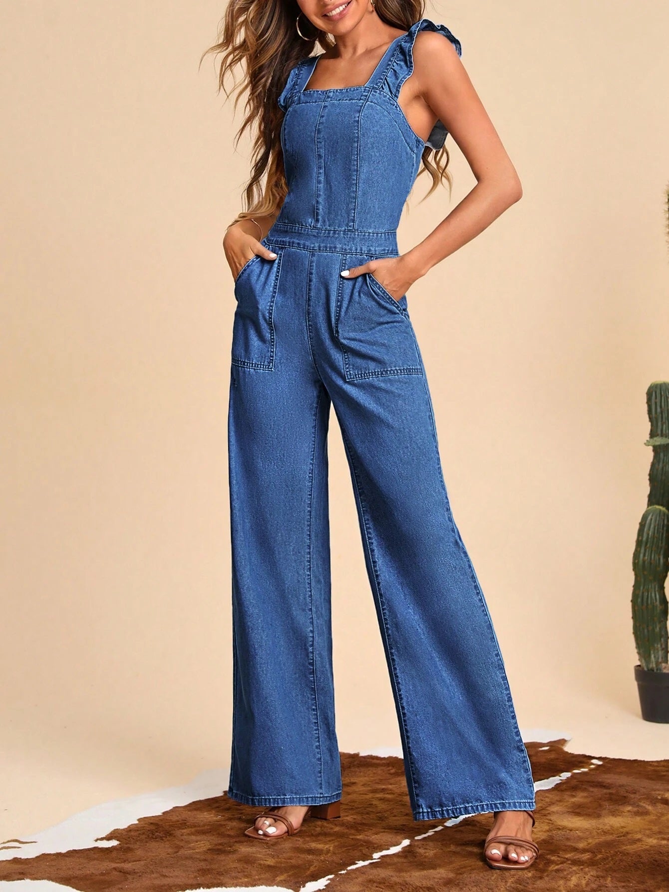 CM-JS741919 Women Preppy Seoul Style Dark Wash Ruffle Trim Wide Leg Denim Jumpsuit