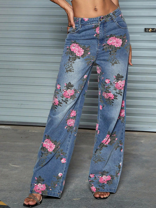 CM-BS586134 Women Preppy Seoul Style Medium Wash Floral Print Straight Leg Jeans