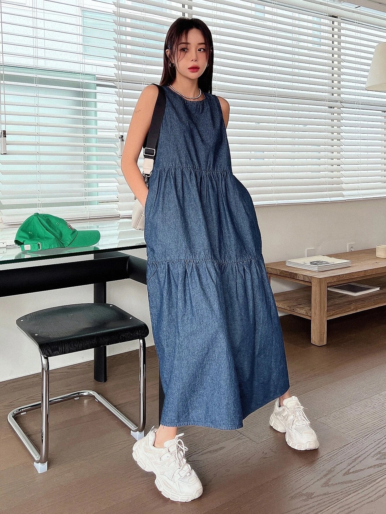 CM-DS222286 Women Casual Seoul Style Dark Wash Ruffle Hem Denim Smock Dress