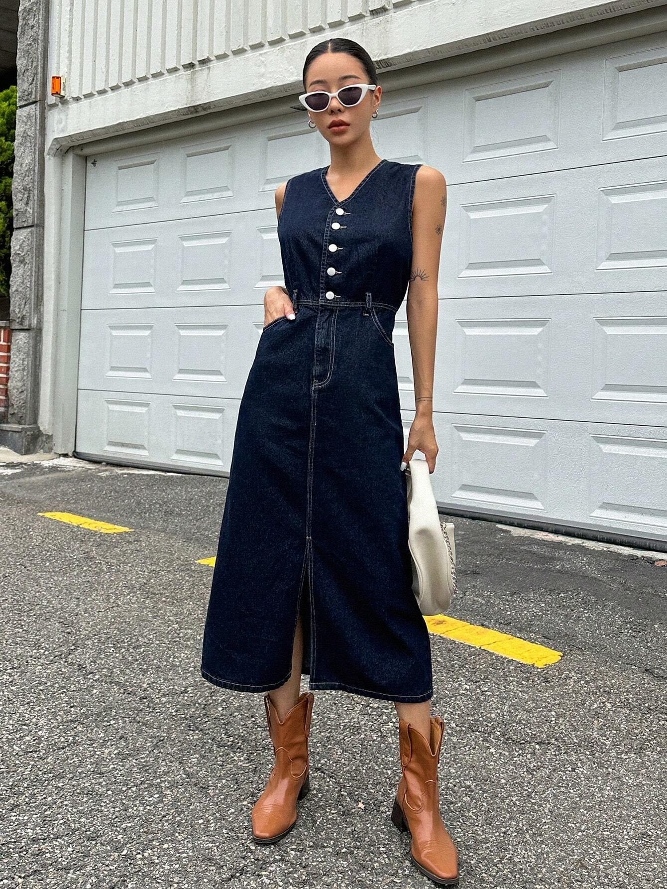 CM-DS407092 Women Casual Seoul Style Dark Wash Button Front Sleeveless Split Thigh Denim Dress
