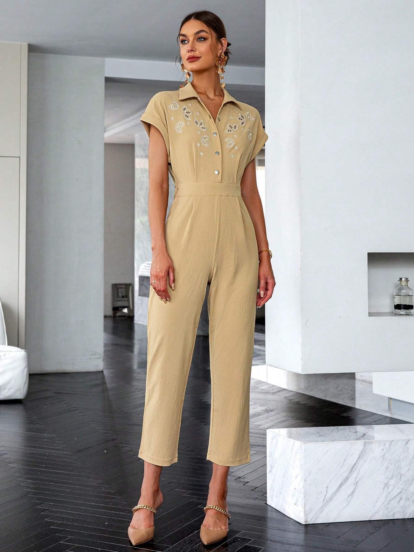 CM-JS811510 Women Elegant Seoul Style Floral Embroidery Batwing Sleeve Fold Pleated Shirt Jumpsuit