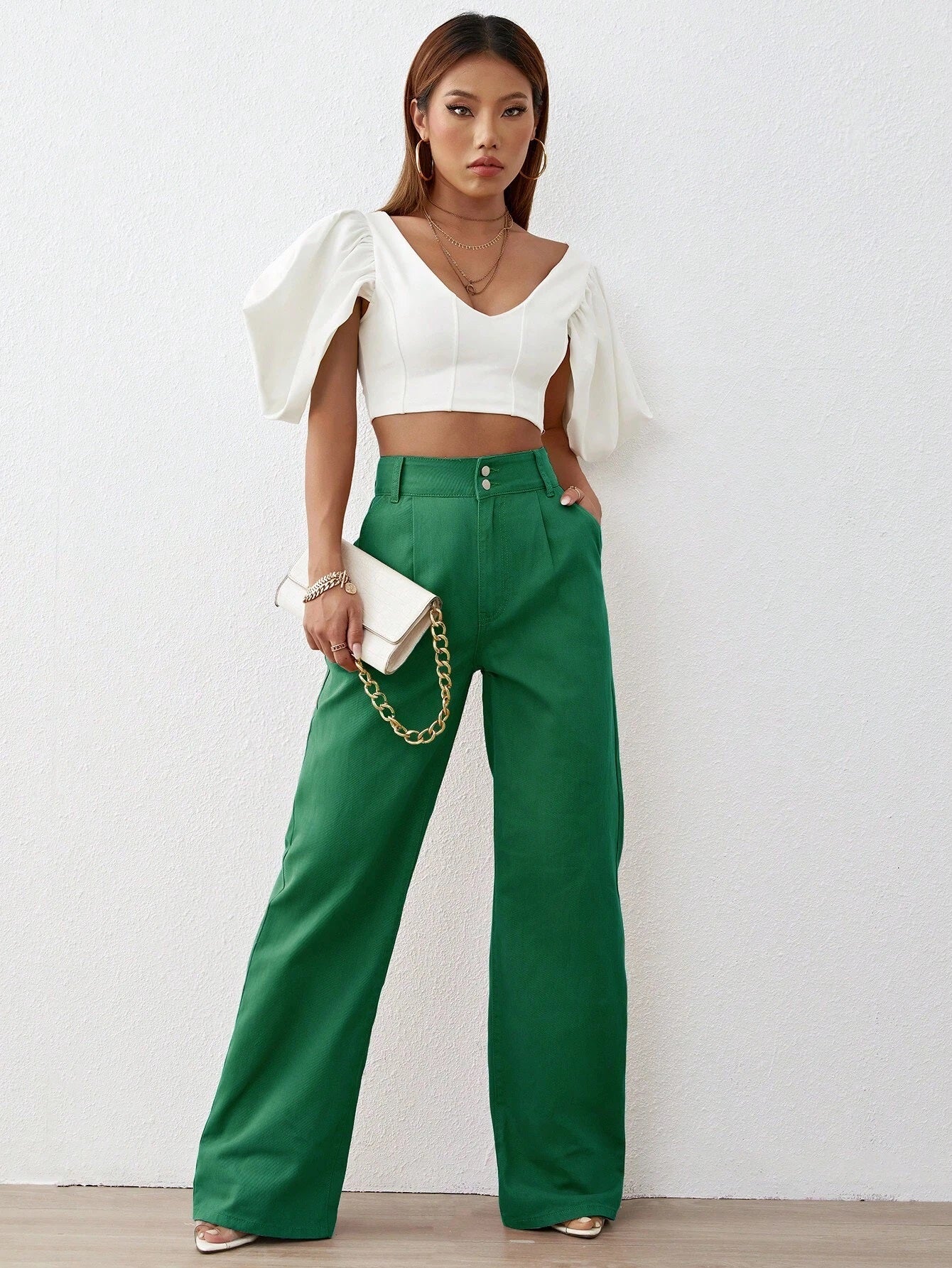 CM-BS777770 Women Preppy Seoul Style Solid High Waist Wide Leg Jeans - Dark Green
