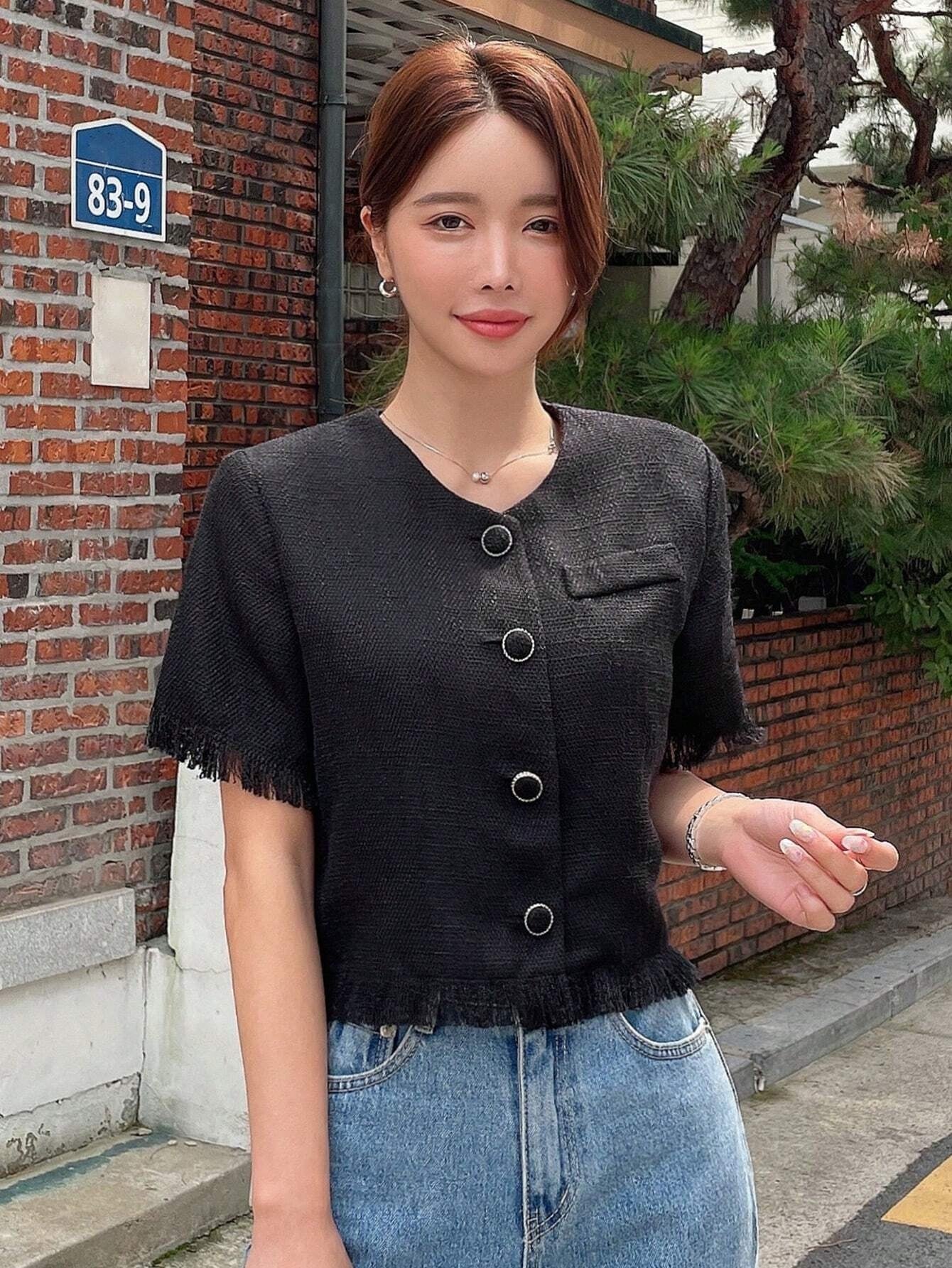 CM-TS199329 Women Casual Seoul Style Solid Button Front Raw Hem Crop Blouse - Black