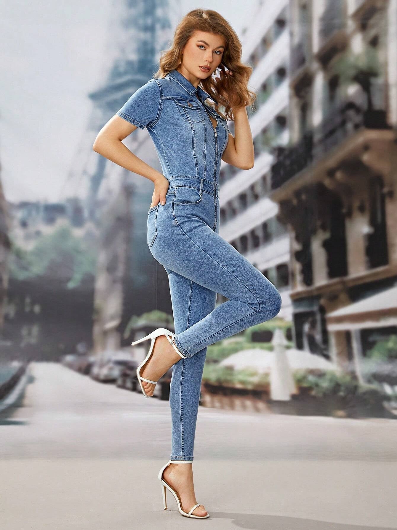 CM-JS221159 Women Preppy Seoul Style Light Wash Flap Pocket Zip Front Denim Jumpsuit