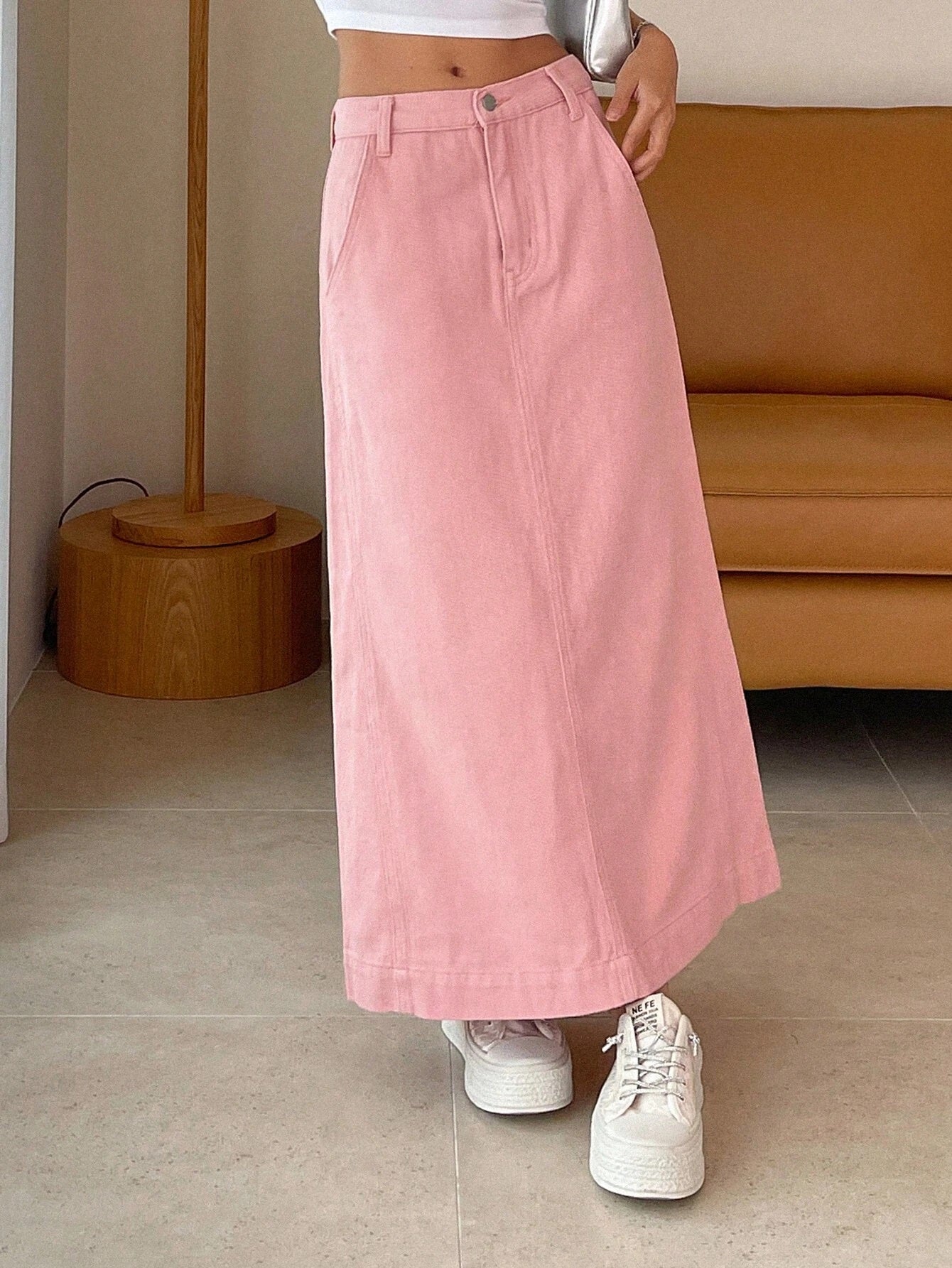 CM-BS381876 Women Casual Seoul Style Solid Split Back Denim Skirt - Pink