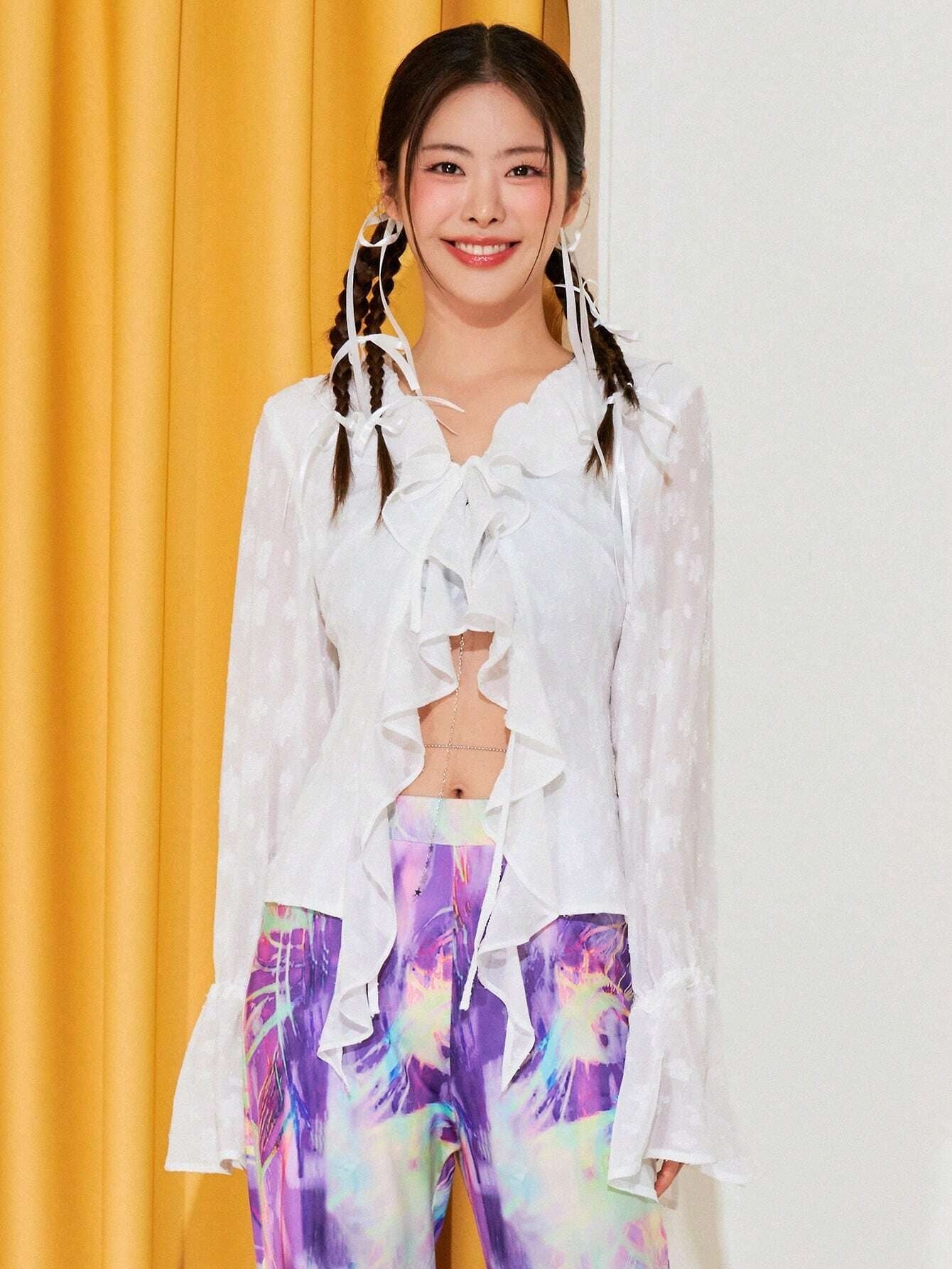 CM-TS613710 Women Casual Seoul Style Ruffle Trim Flounce Sleeve Asymmetrical Hem Blouse