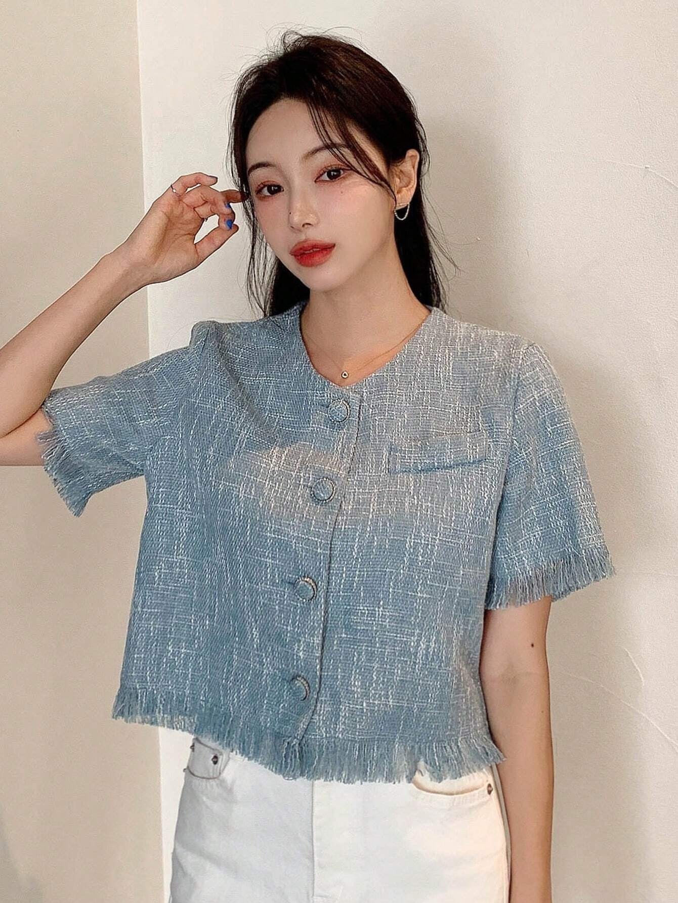 CM-TS652251 Women Casual Seoul Style Solid Button Front Raw Hem Crop Blouse - Dusty Blue