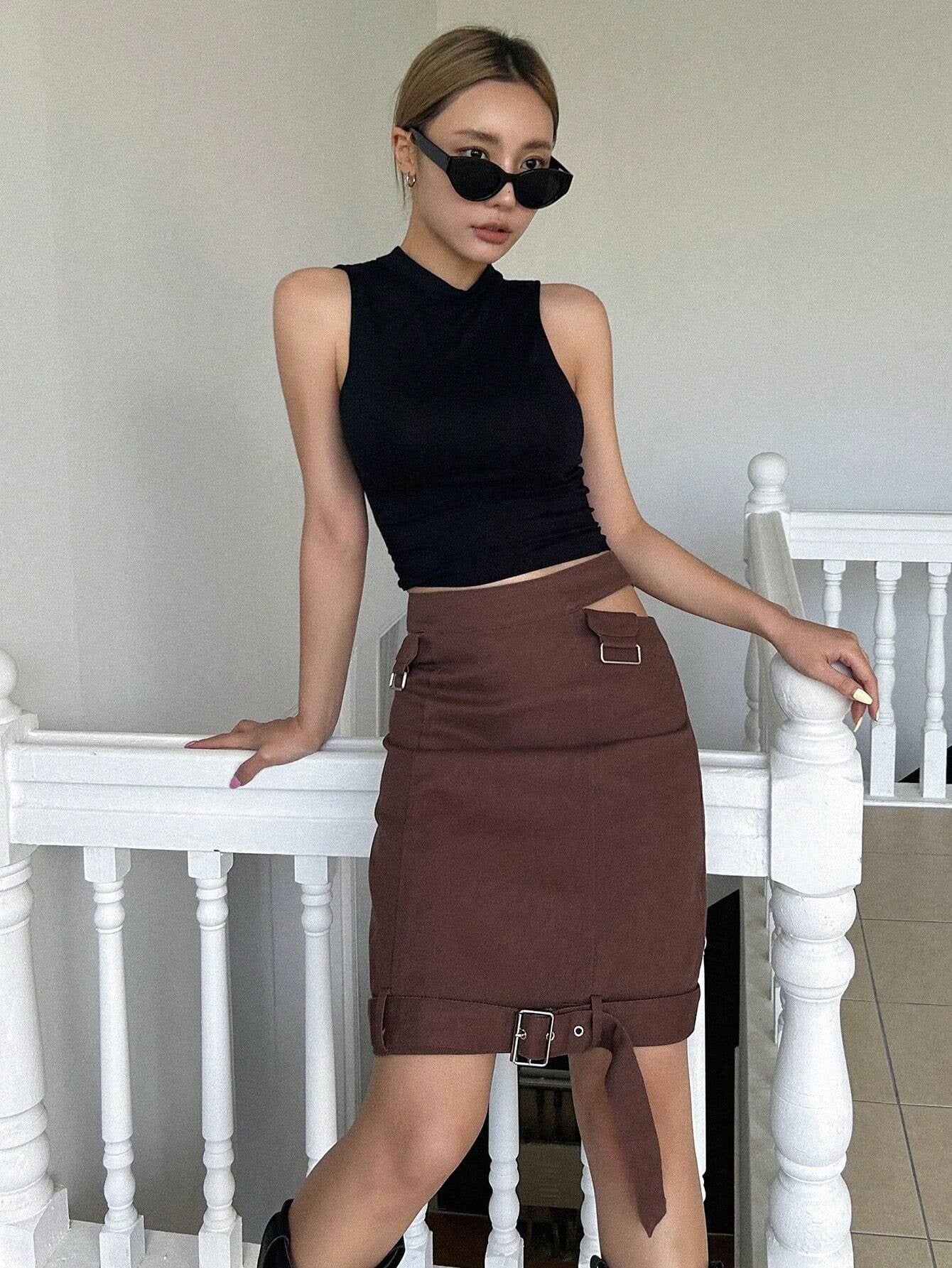 CM-BS164864 Women Casual Seoul Style Cut Out Buckle Detail Straight Skirt - Coffee Brown