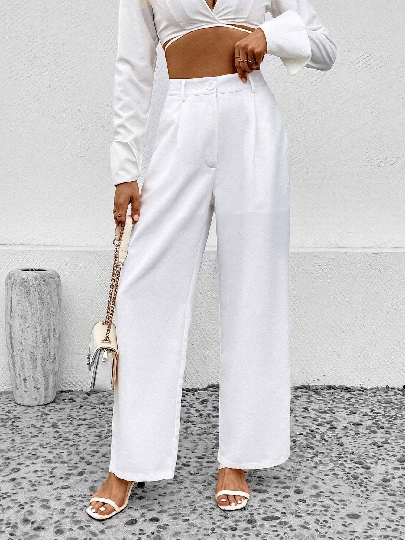 CM-BS351890 Women Elegant Seoul Style Solid Slant Pocket Wide Leg Pants - White